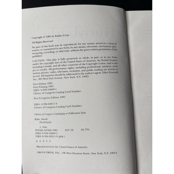 Hurlyburly A Play by David Rabe. Grove Press. 1985 First Evergreen Edition - Picture 3 of 3